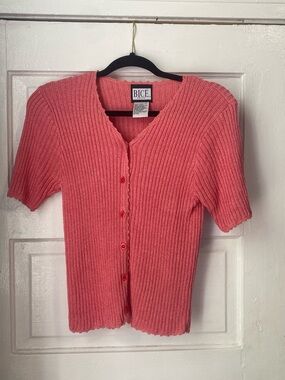 BICE Knit Button-Up Short Sleeve Top - Coral Pink
